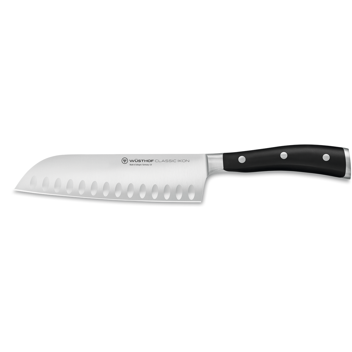 Classic Ikon 7-Piece Knife Block Set featuring a forged German steel santoku knife with hollow edge indentations and a triple-riveted black ergonomic handle.