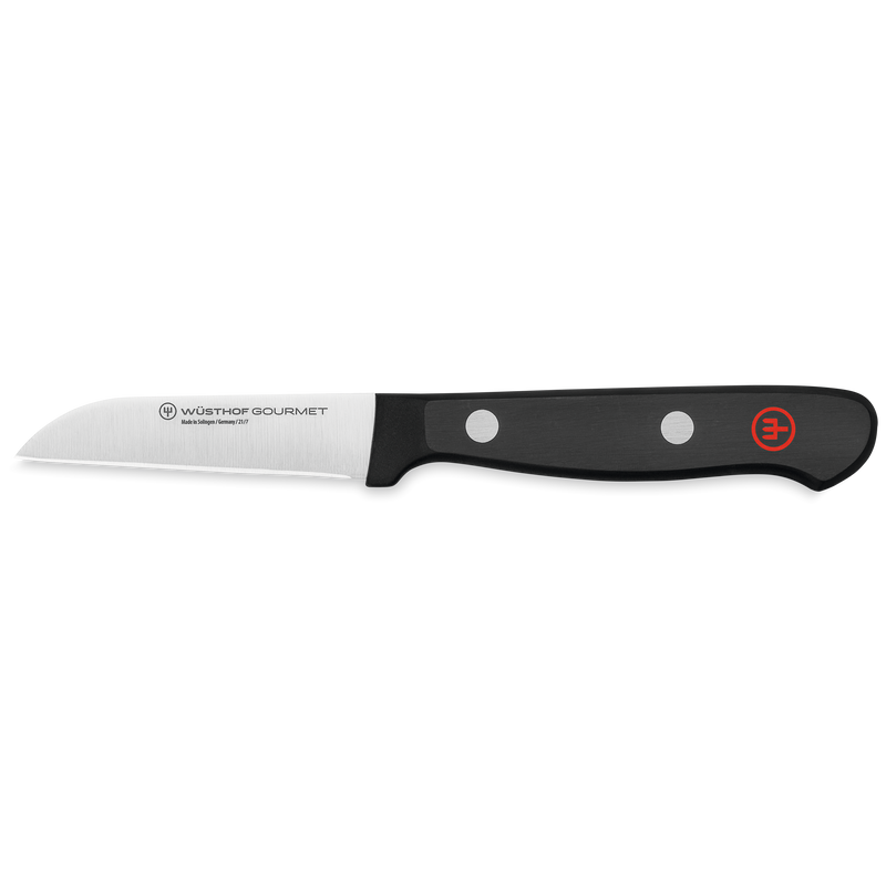 WÜSTHOF Gourmet paring knife with a polished stainless steel blade and a black ergonomic handle featuring two rivets and a red logo from the Gourmet 4-Piece Chef's Knife Set.