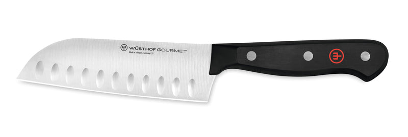 Gourmet 16-Piece Knife Block Set featuring a forged German Santoku knife with a hollow edge, stainless steel blade, and ergonomic black handle with rivets.