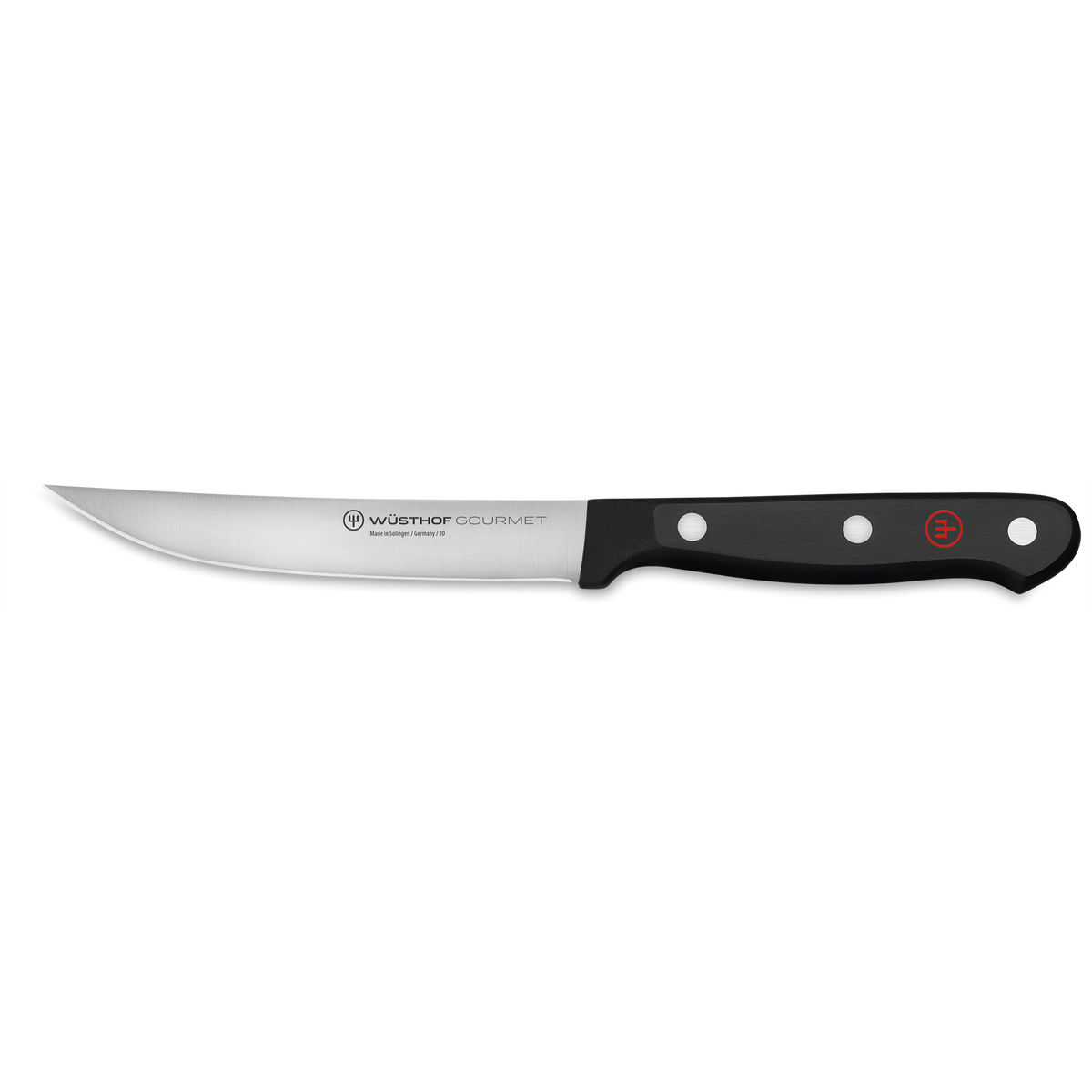 Gourmet 7-Piece Steak Knife Block Set featuring a sharp, forged stainless steel blade with a black ergonomic handle secured by three rivets for balanced cutting.