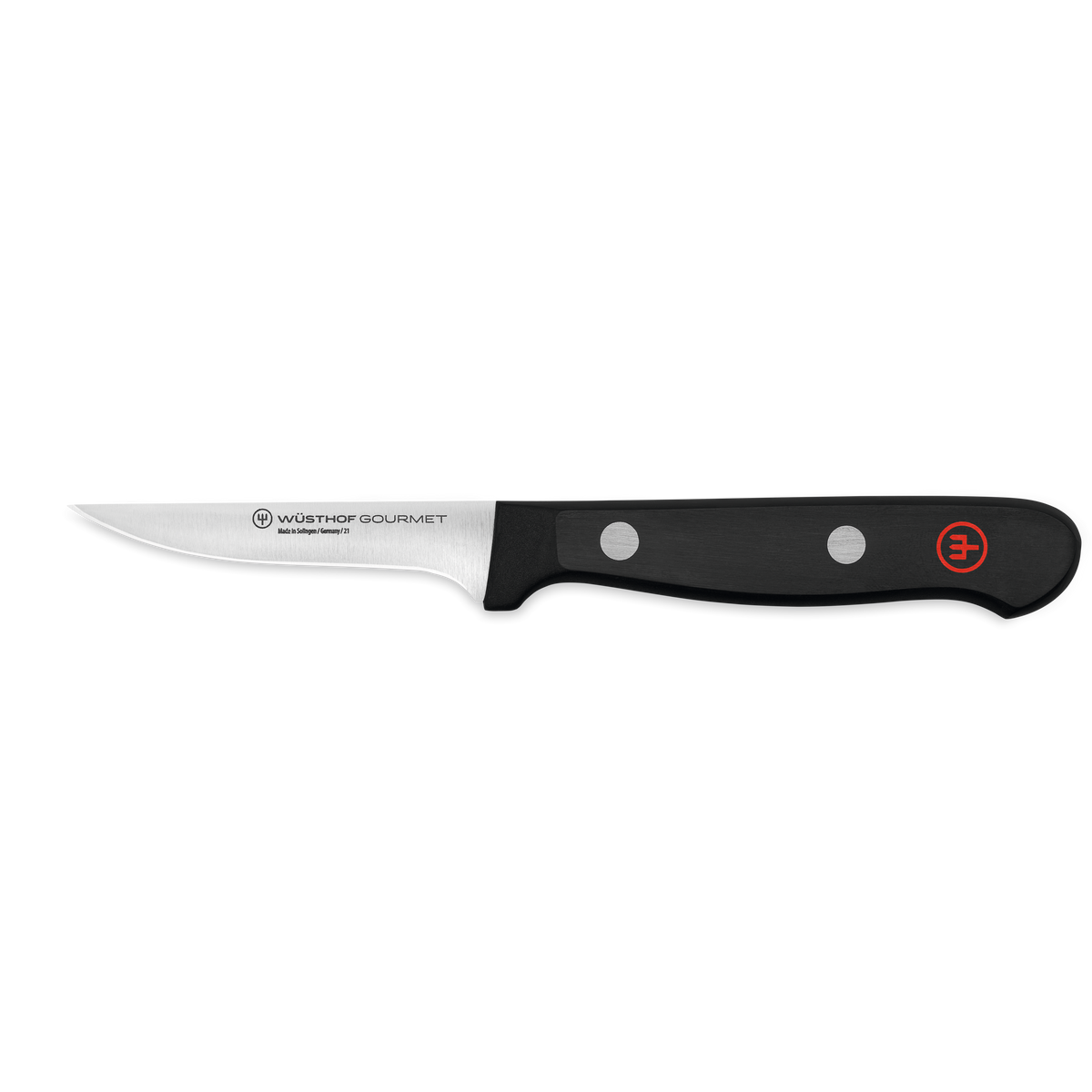 Gourmet 2 3/4" Trimming Knife featuring a sharp, narrow stainless steel blade with a black ergonomic handle and two rivets, ideal for precise kitchen tasks.