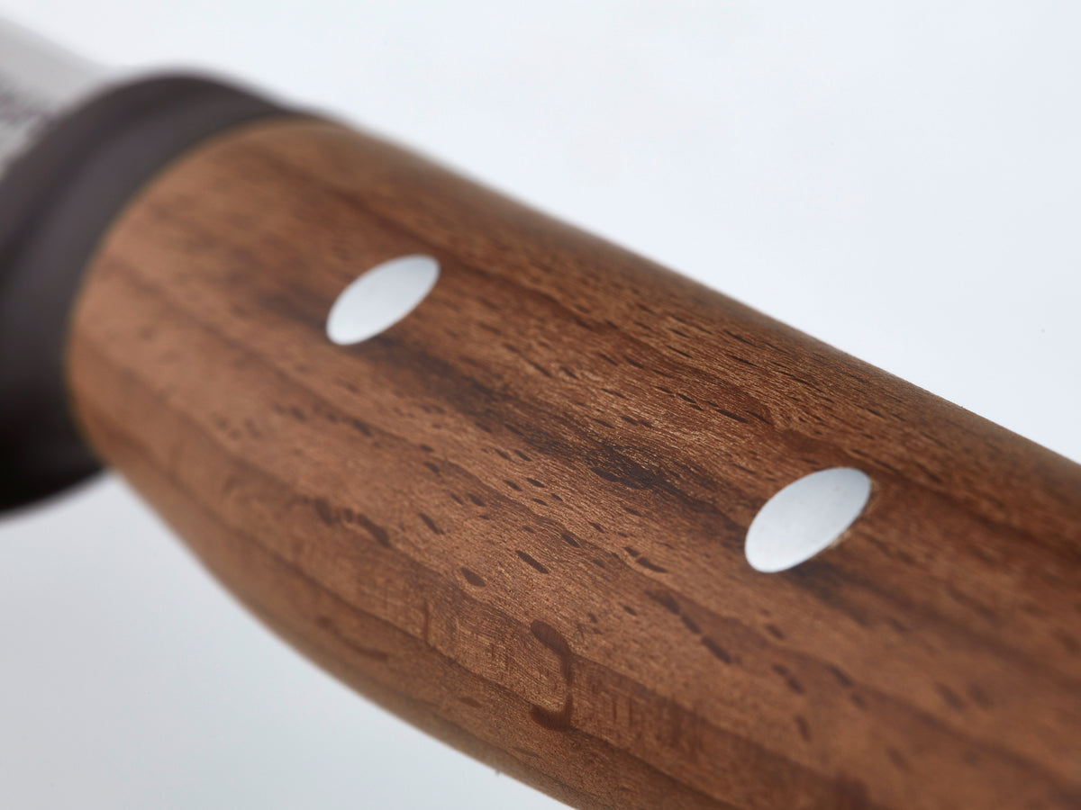 Urban Farmer 7" Chinese Chef's Knife featuring a smooth natural wood handle with polished steel rivets for secure and comfortable grip.
