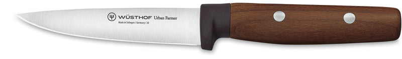 Urban Farmer 5-Piece Toolbox Knife Set featuring a precision forged German paring knife with a polished stainless steel blade and smooth walnut wood handle.