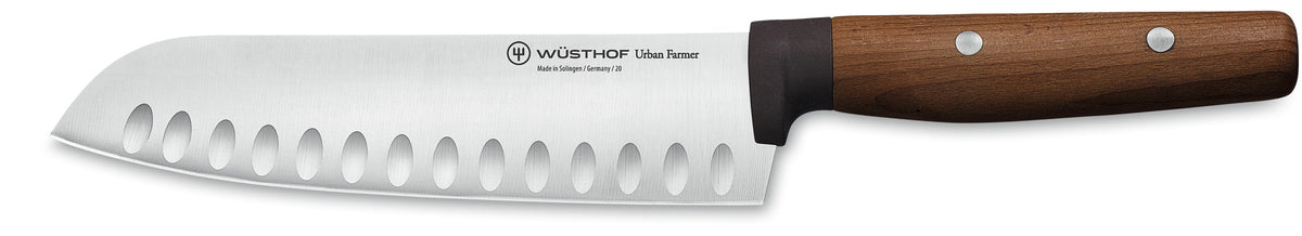 Urban Farmer 5-Piece Toolbox Knife Set featuring a forged German Santoku knife with hollow edge and smooth walnut wood handle secured by steel rivets.