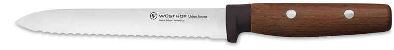 Urban Farmer 5-Piece Toolbox Knife Set featuring a serrated German forged blade with a smooth walnut wood handle secured by steel rivets.