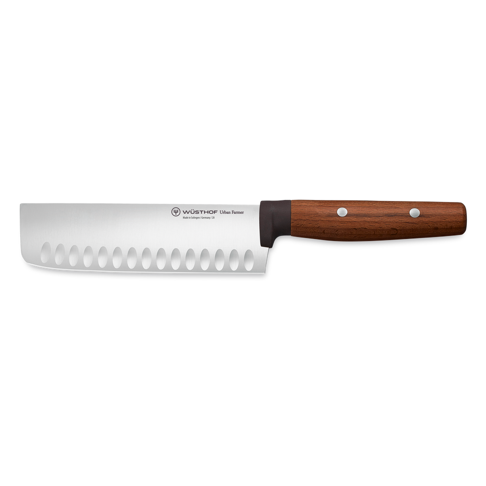Urban Farmer 7" Nakiri featuring a forged German blade with hollow edge and polished wooden handle secured with stainless steel rivets for precise vegetable cutting.