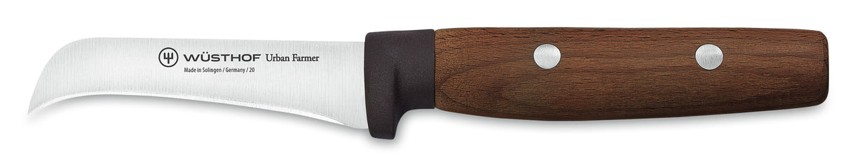 Urban Farmer 5-Piece Toolbox Knife Set featuring a short curved blade with a smooth walnut handle and steel rivets designed for precise detail cutting.