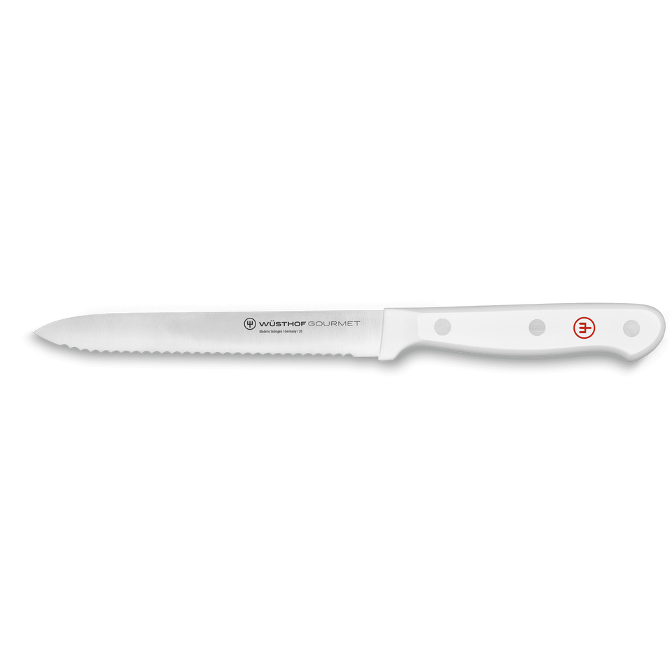 Gourmet 5" Serrated Utility Knife featuring a serrated stainless steel blade and a white synthetic handle with three rivets and red emblem.