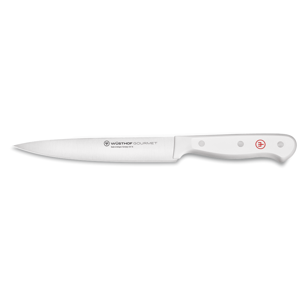 Gourmet 6" Utility Knife with a tapered, forged stainless steel blade and a sturdy white synthetic handle secured with three rivets and a red emblem.