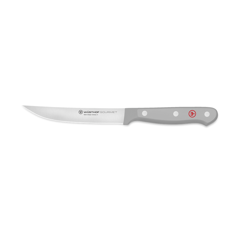 Gourmet 4 1/2" Steak Knife with a sharp, slender stainless steel blade and a gray synthetic handle featuring three rivets and a red emblem.
