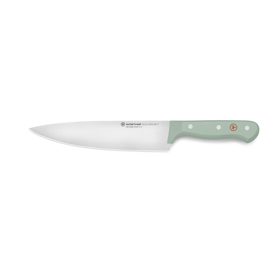 Gourmet 8" Chef's Knife with a high-carbon forged stainless steel blade and a pale green synthetic handle featuring three rivets and a red logo for precise cutting.