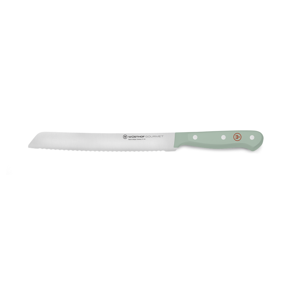 Gourmet 8" Bread Knife with a serrated stainless steel blade and a pale green synthetic handle featuring three rivets and a distinctive logo for smooth slicing.