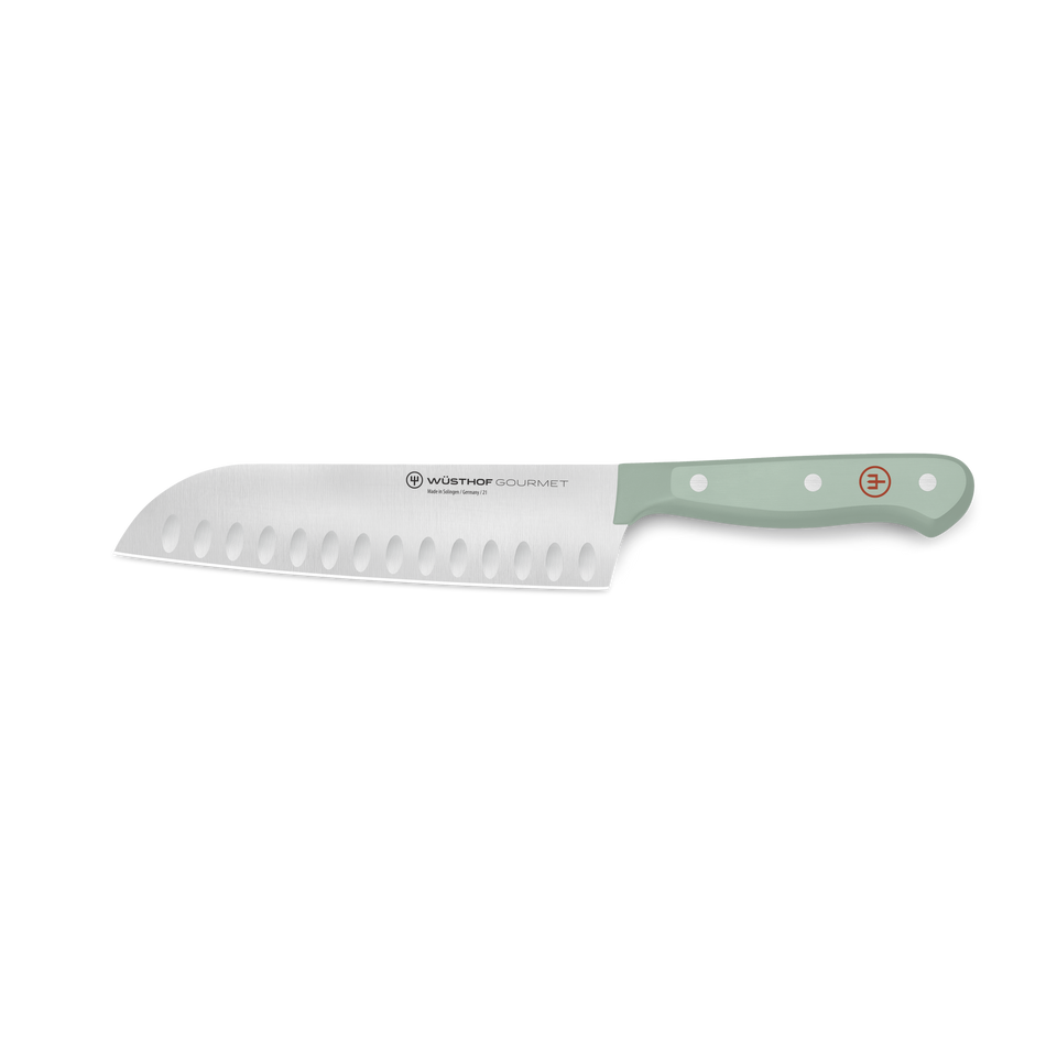 Gourmet 7" Hollow Edge Santoku with a forged stainless steel blade featuring hollow indentations and a pale green synthetic handle with three rivets and red emblem.