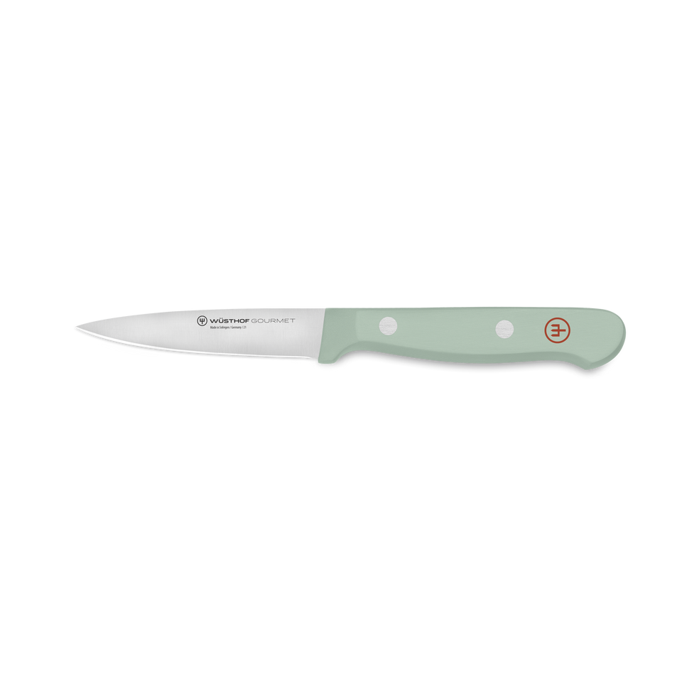 Gourmet 3" Spear Point Paring Knife with a finely forged stainless steel blade and a light green synthetic handle featuring two rivets and a red logo.