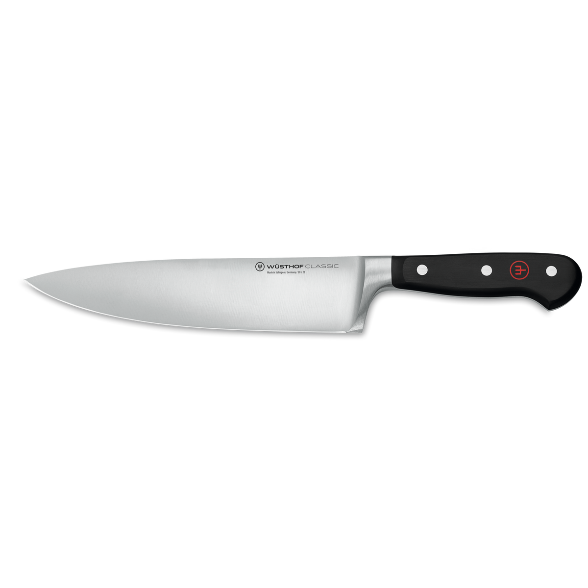 Classic 15-Piece Knife Block Set, Acacia featuring a forged WÜSTHOF German chef’s knife with a sharp stainless steel blade and black triple-riveted ergonomic handle.