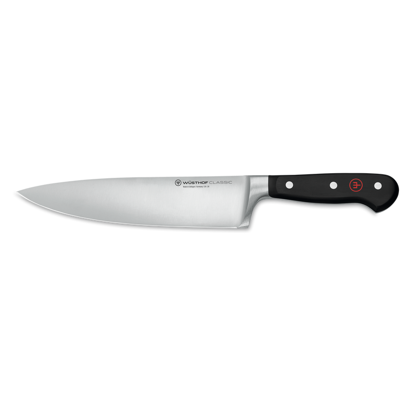 Classic 15-Piece Knife Block Set, Acacia featuring a forged WÜSTHOF German chef’s knife with a sharp stainless steel blade and black triple-riveted ergonomic handle.