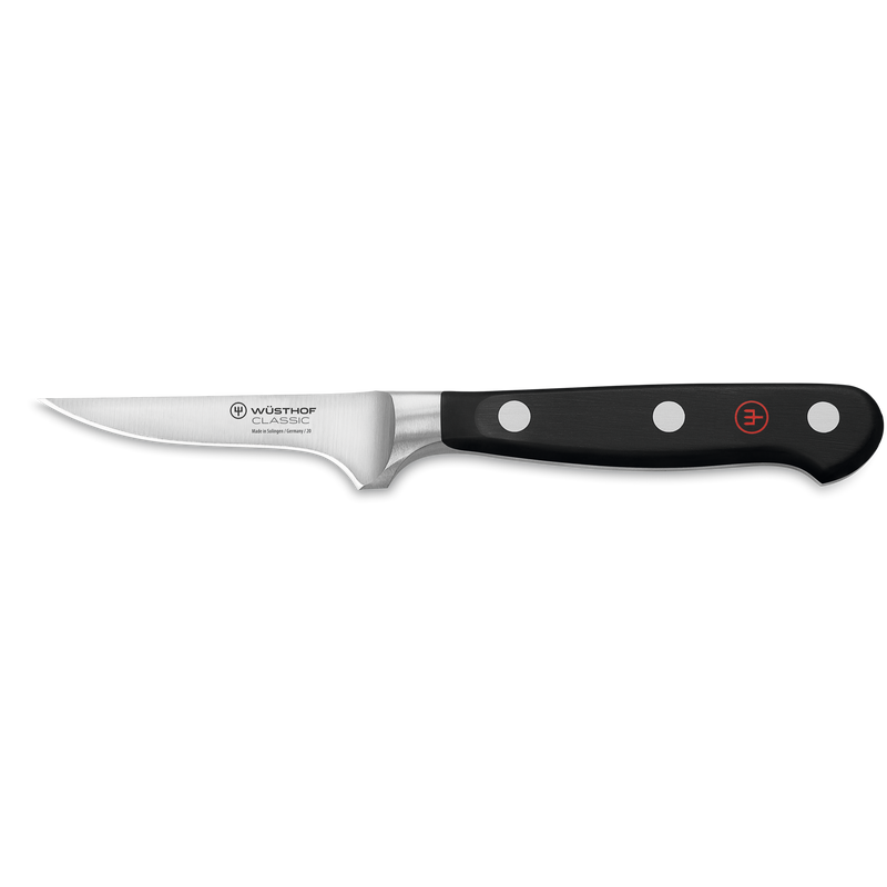 Classic 11-Piece Knife Block Set, Acacia showcasing a forged German paring knife with a sleek stainless steel blade and triple-riveted black handle.