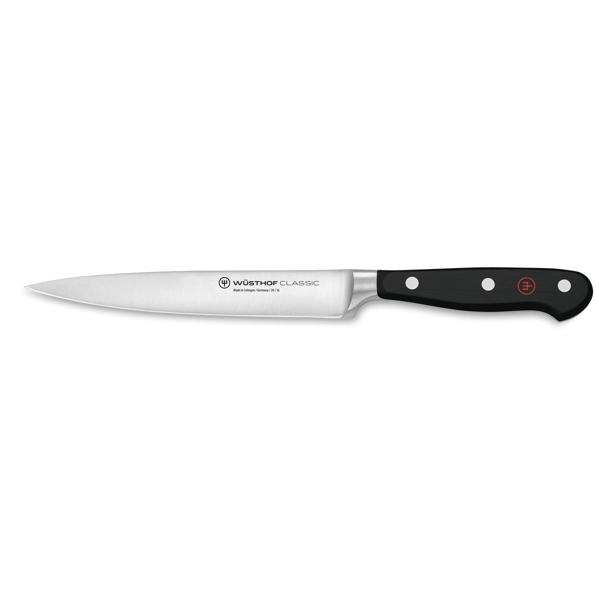 Classic 6" Utility Knife with a sharp forged German steel blade and a black ergonomic triple-riveted handle for balanced precision and control.