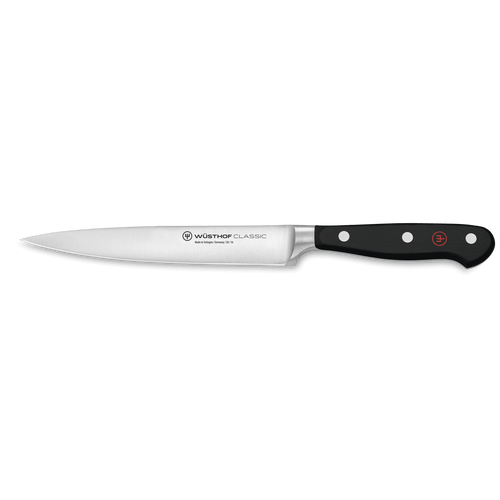 Classic 6" Utility Knife with a sharp forged German steel blade and a black ergonomic triple-riveted handle for balanced precision and control.