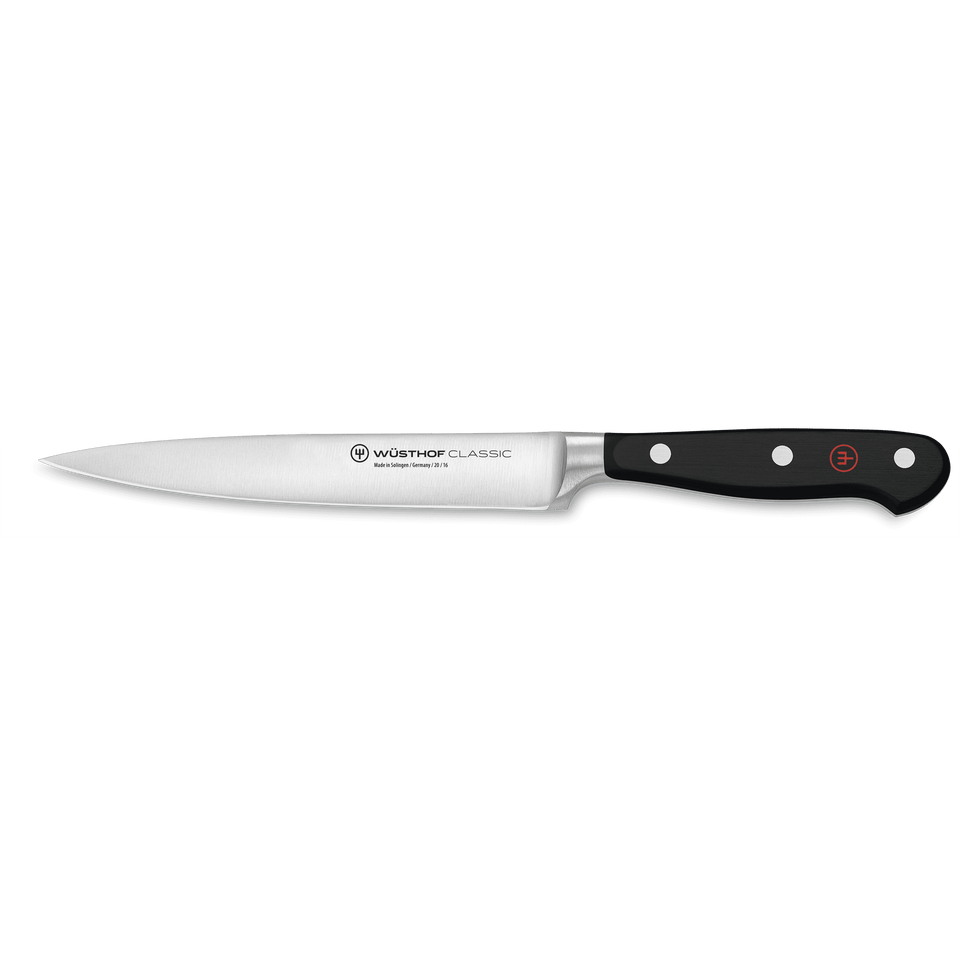 Classic 6" Utility Knife with a sharp forged German steel blade and a black ergonomic triple-riveted handle for balanced precision and control.