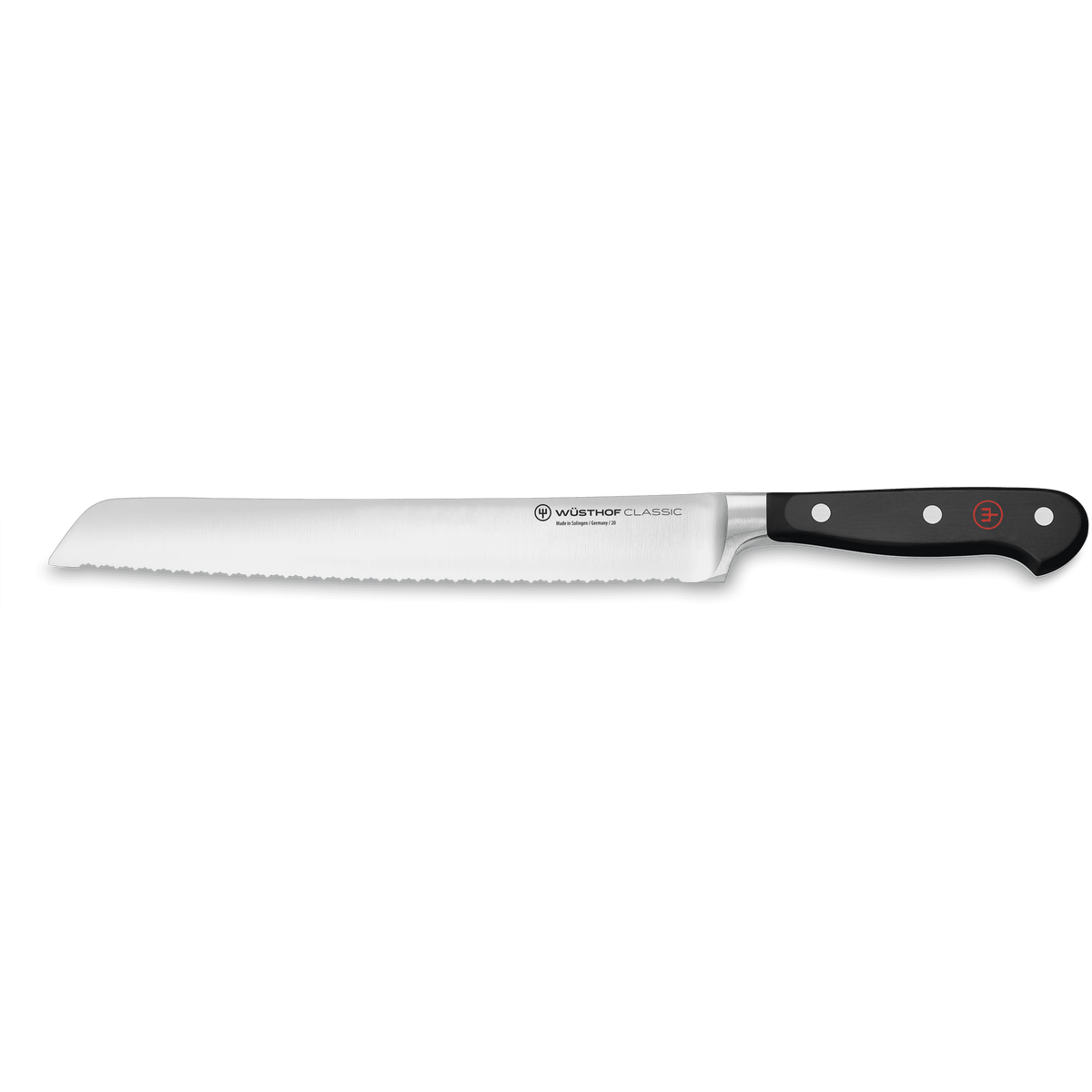 Classic 9" Precision Double-Serrated Bread Knife with a sharp, forged German steel blade and a black ergonomic handle secured by three rivets.