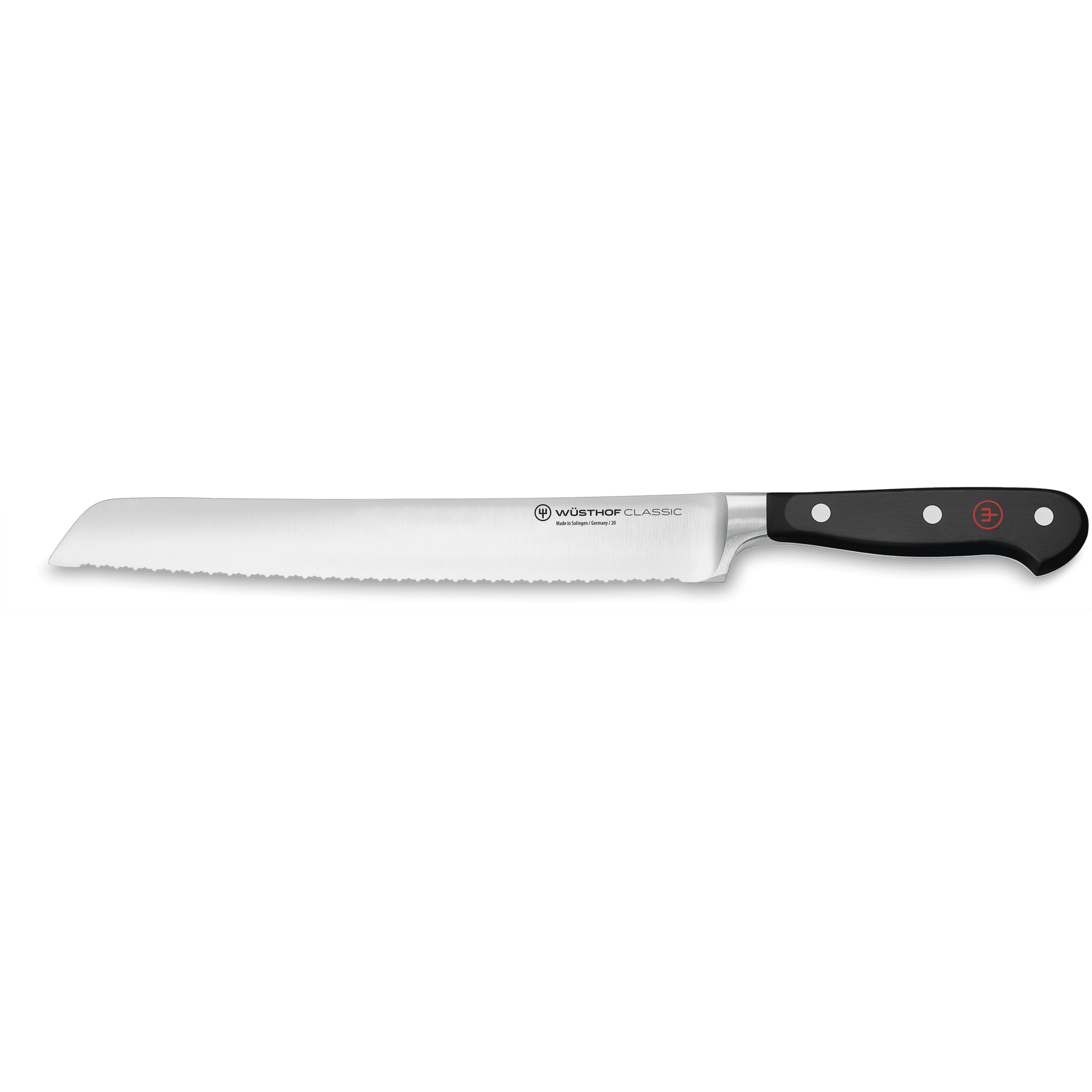 Classic 9" Precision Double-Serrated Bread Knife with a sharp, forged German steel blade and a black ergonomic handle secured by three rivets.