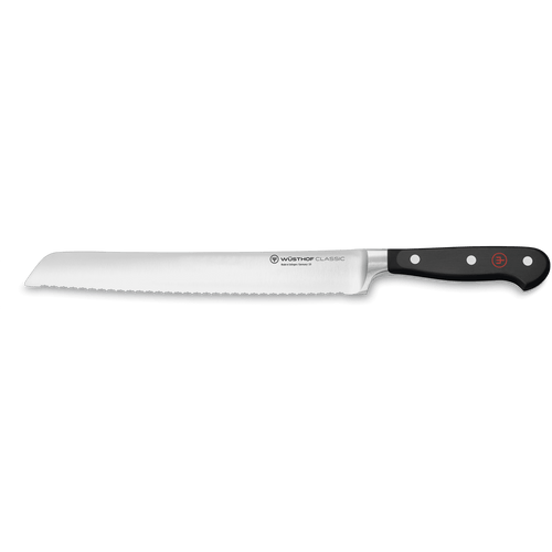 Classic 9" Precision Double-Serrated Bread Knife with a sharp, forged German steel blade and a black ergonomic handle secured by three rivets.