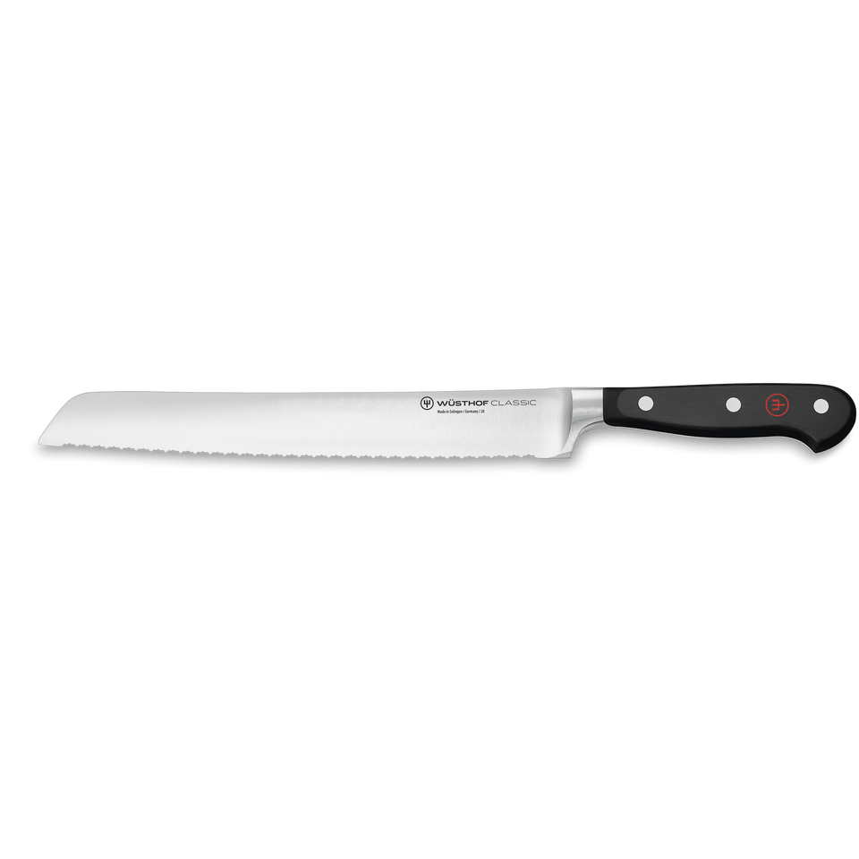Classic 9" Precision Double-Serrated Bread Knife with a sharp, forged German steel blade and a black ergonomic handle secured by three rivets.
