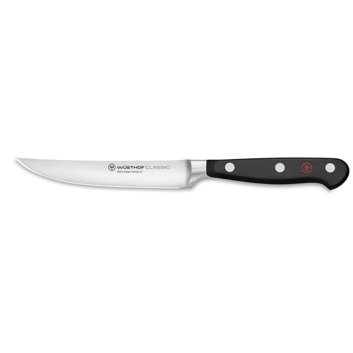 Classic 15-Piece Knife Block Set, Acacia featuring a forged steak knife with a sharp stainless steel blade and triple-riveted black ergonomic handle by WÜSTHOF.