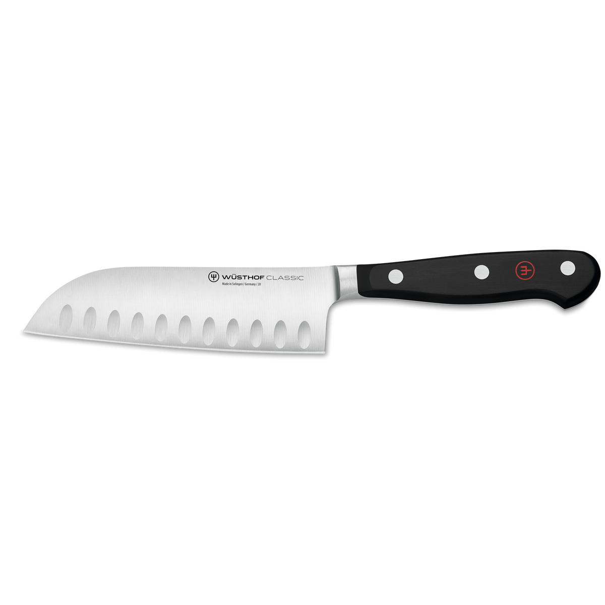 Classic 15-Piece Knife Block Set, Acacia featuring a forged WÜSTHOF santoku knife with a sharp stainless steel blade and black triple-riveted ergonomic handle.