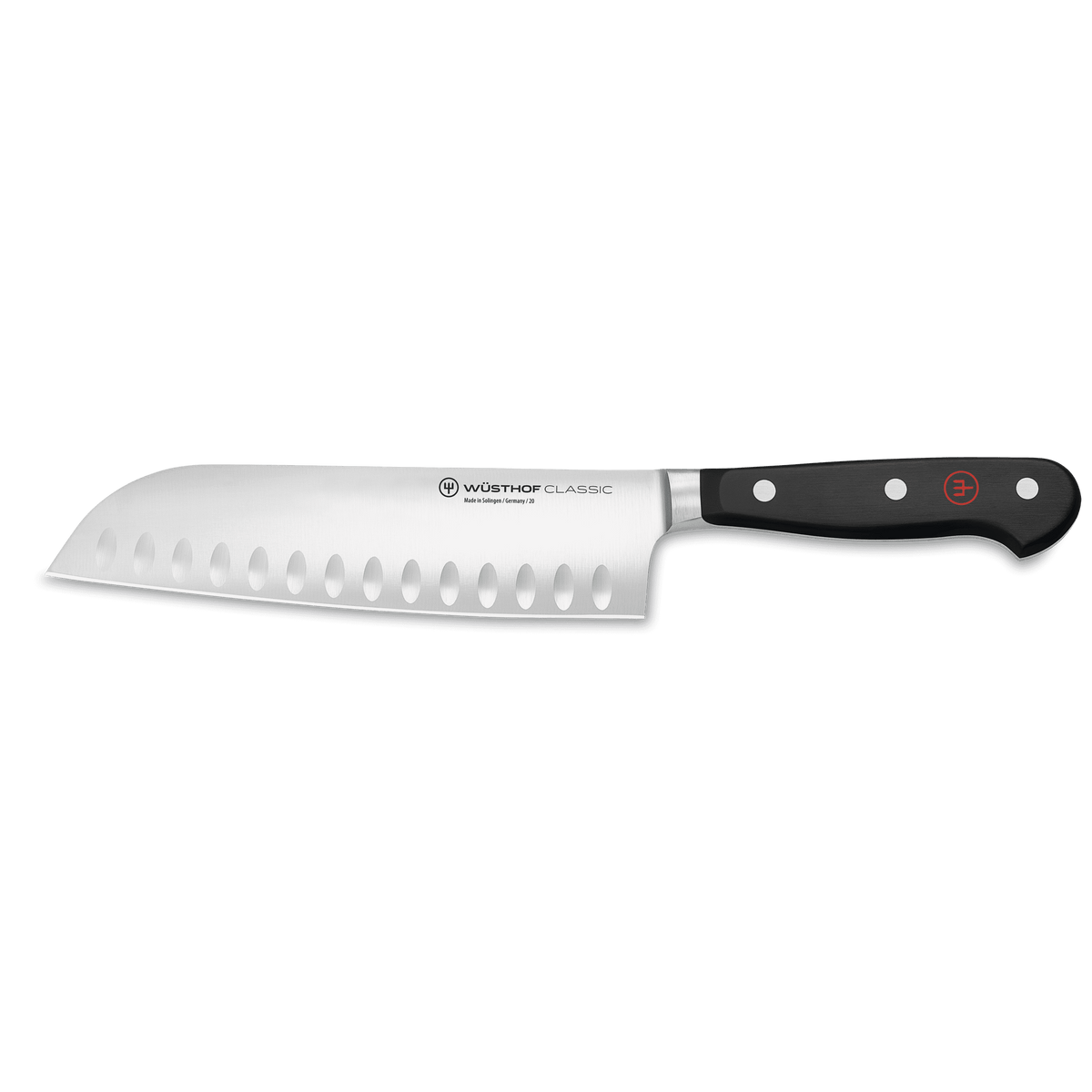 Classic 7" Hollow Edge Santoku featuring a forged German steel blade with hollow edges to reduce food sticking and a triple-riveted black handle for stable grip.