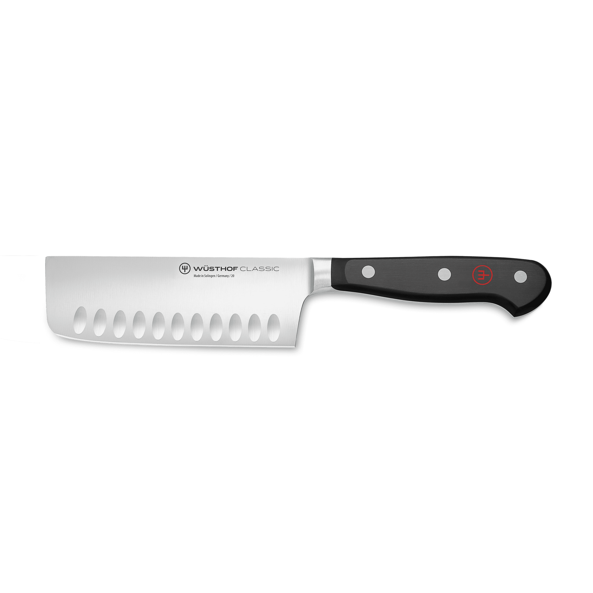 Classic 5" Hollow Edge Nakiri featuring a highly polished forged German steel blade with hollow edge indentations and a black ergonomic handle with rivets.