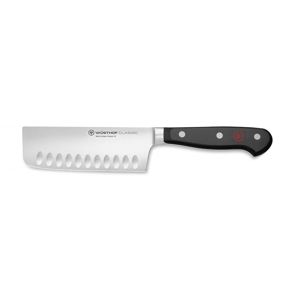 Classic 5" Hollow Edge Nakiri featuring a highly polished forged German steel blade with hollow edge indentations and a black ergonomic handle with rivets.
