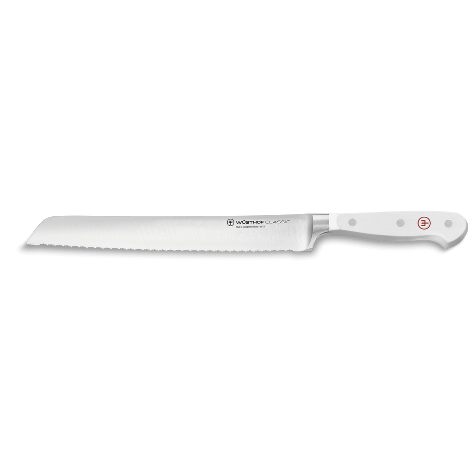 Classic 9" Precision Double-Serrated Bread Knife featuring a sharp forged German steel blade and a white ergonomic handle with three rivets and red logo detail.