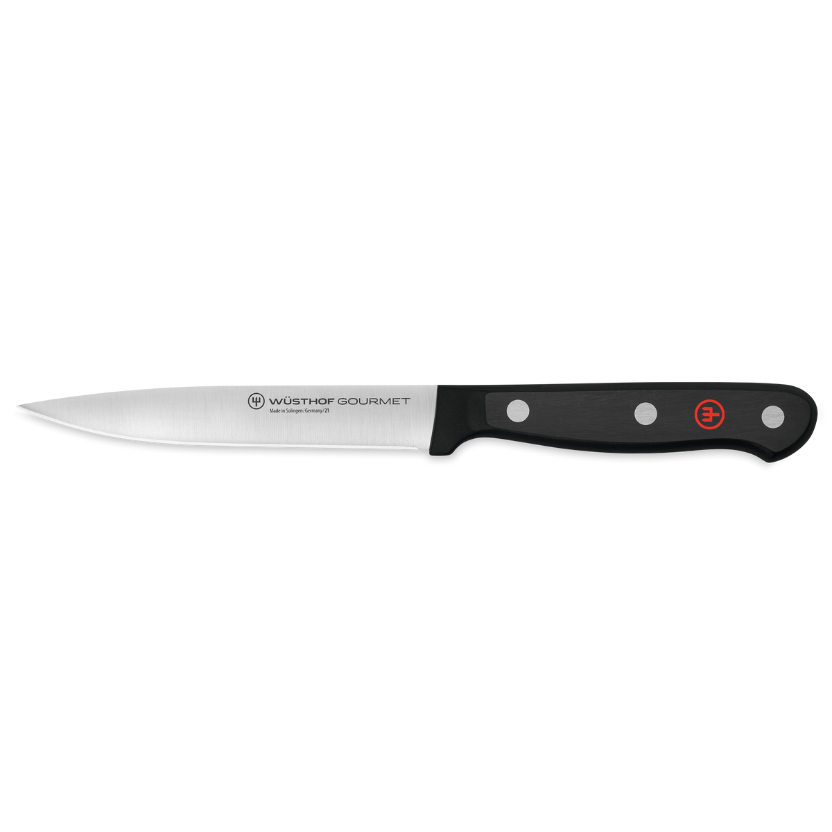 Gourmet 4-Piece Chef's Knife Set featuring a slender, sharp forged German steel paring knife with a black ergonomic handle and red emblem.