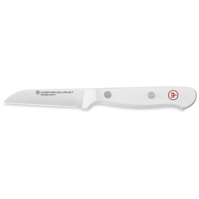 Gourmet White 18-Piece Knife Block Set featuring a sharp paring knife with a forged German steel blade and ergonomic white handle with rivet accents.