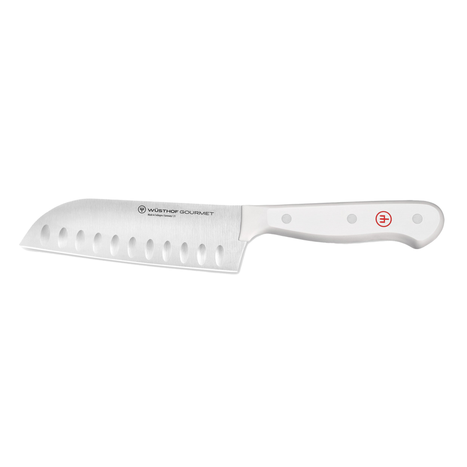 Gourmet 5" Hollow Edge Santoku with a white ergonomic handle and forged German steel blade featuring hollow-ground scallops for effortless slicing.