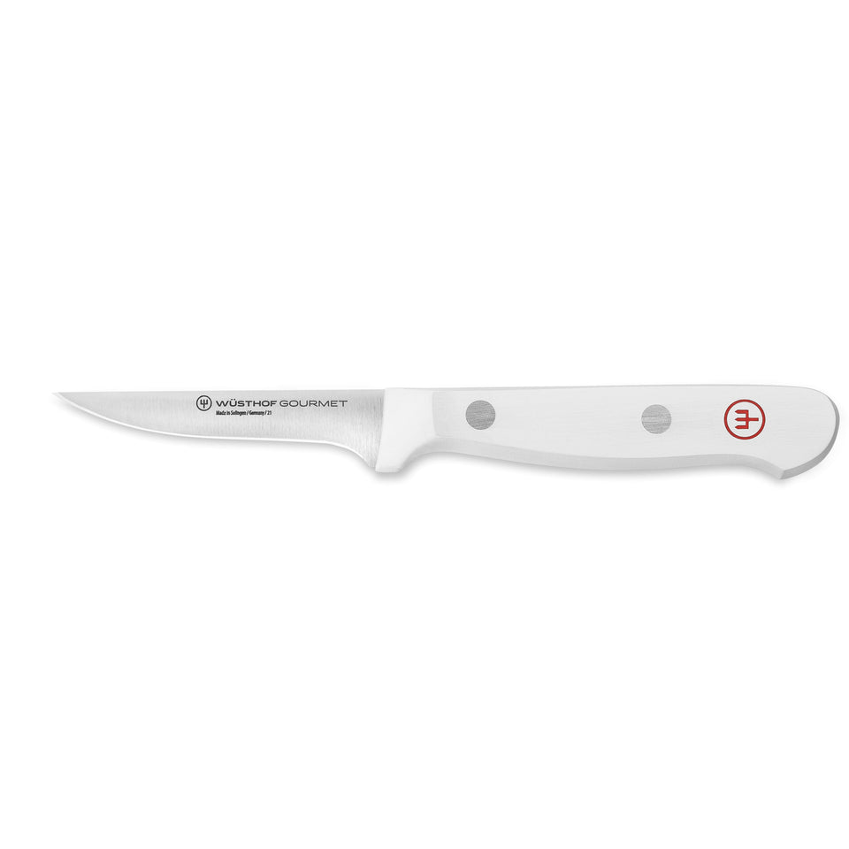 Gourmet 2 3/4" Trimming Knife with a sharp narrow stainless steel blade and white ergonomic handle featuring two rivets and a subtle red logo.