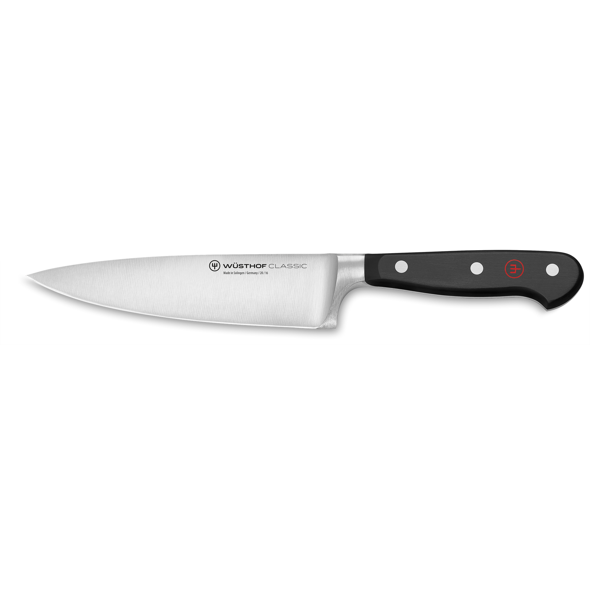 Classic 6" Chef's Knife with a precision-forged stainless steel blade and a comfortable black synthetic handle secured by three rivets and a red emblem.