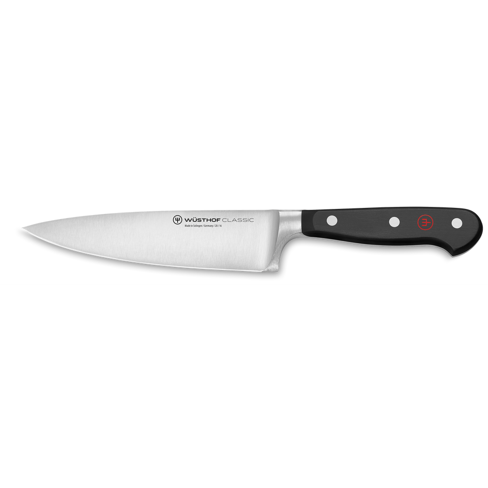 Classic 6" Chef's Knife with a precision-forged stainless steel blade and a comfortable black synthetic handle secured by three rivets and a red emblem.