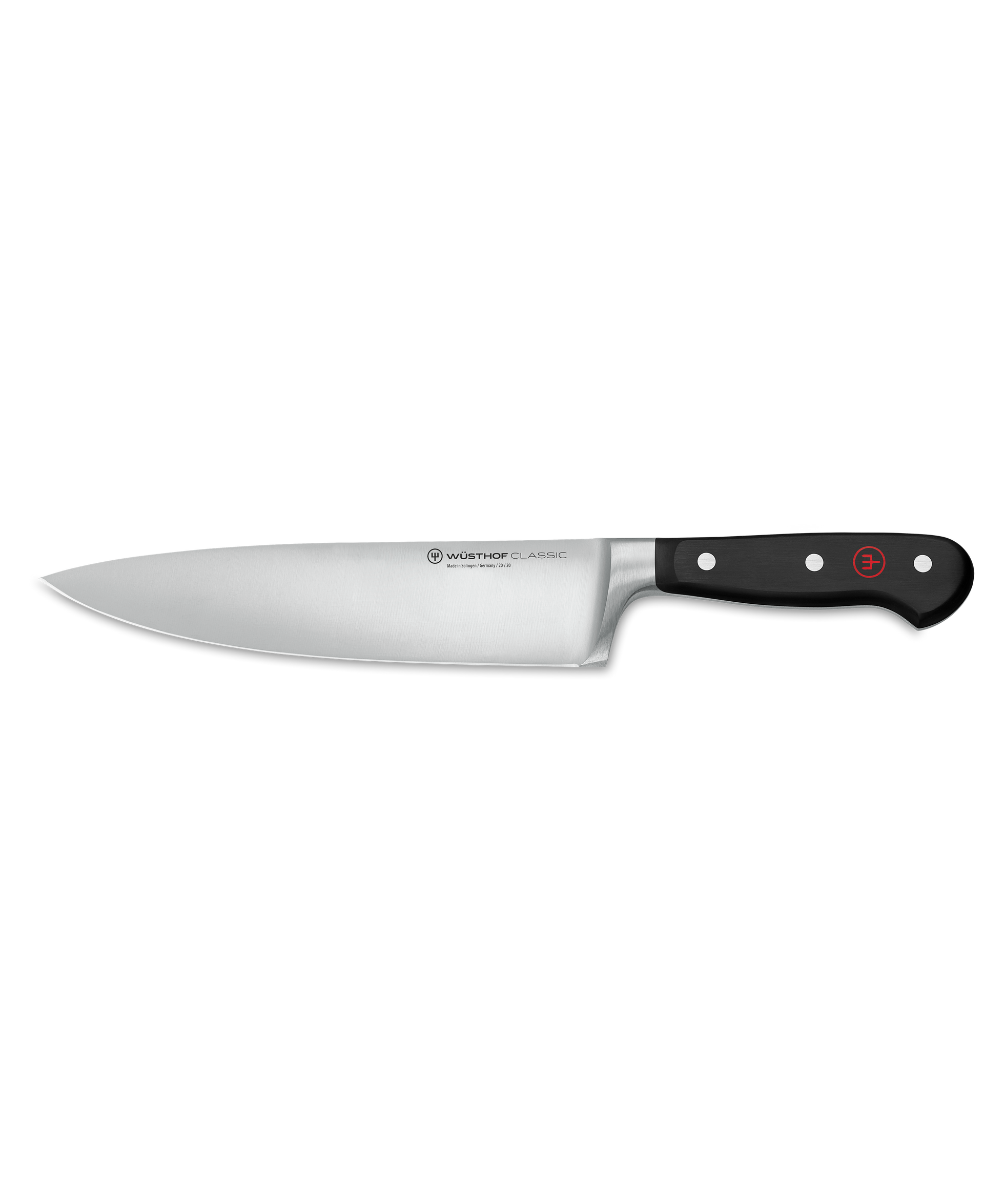 Classic 8" Chef's Knife featuring a forged German steel blade with a full tang and a black handle secured by three rivets for durable, balanced cutting.