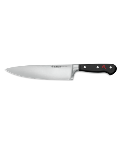 Classic 8" Chef's Knife featuring a forged German steel blade with a full tang and a black handle secured by three rivets for durable, balanced cutting.