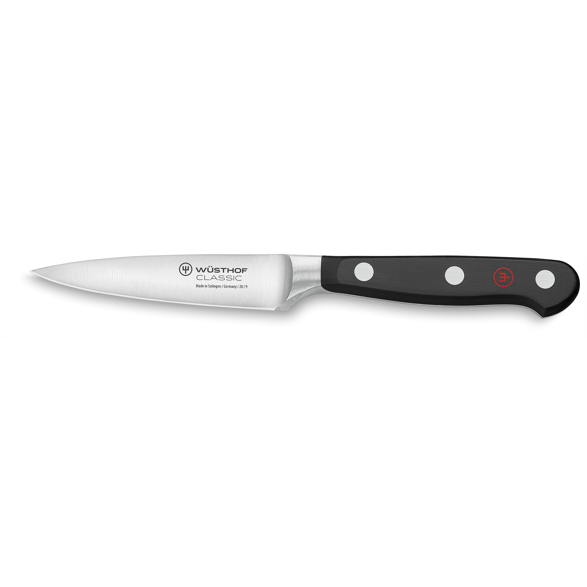Classic 3 1/2" Paring Knife featuring a polished forged German steel blade with a sleek black handle secured by three stainless steel rivets and a red logo accent.