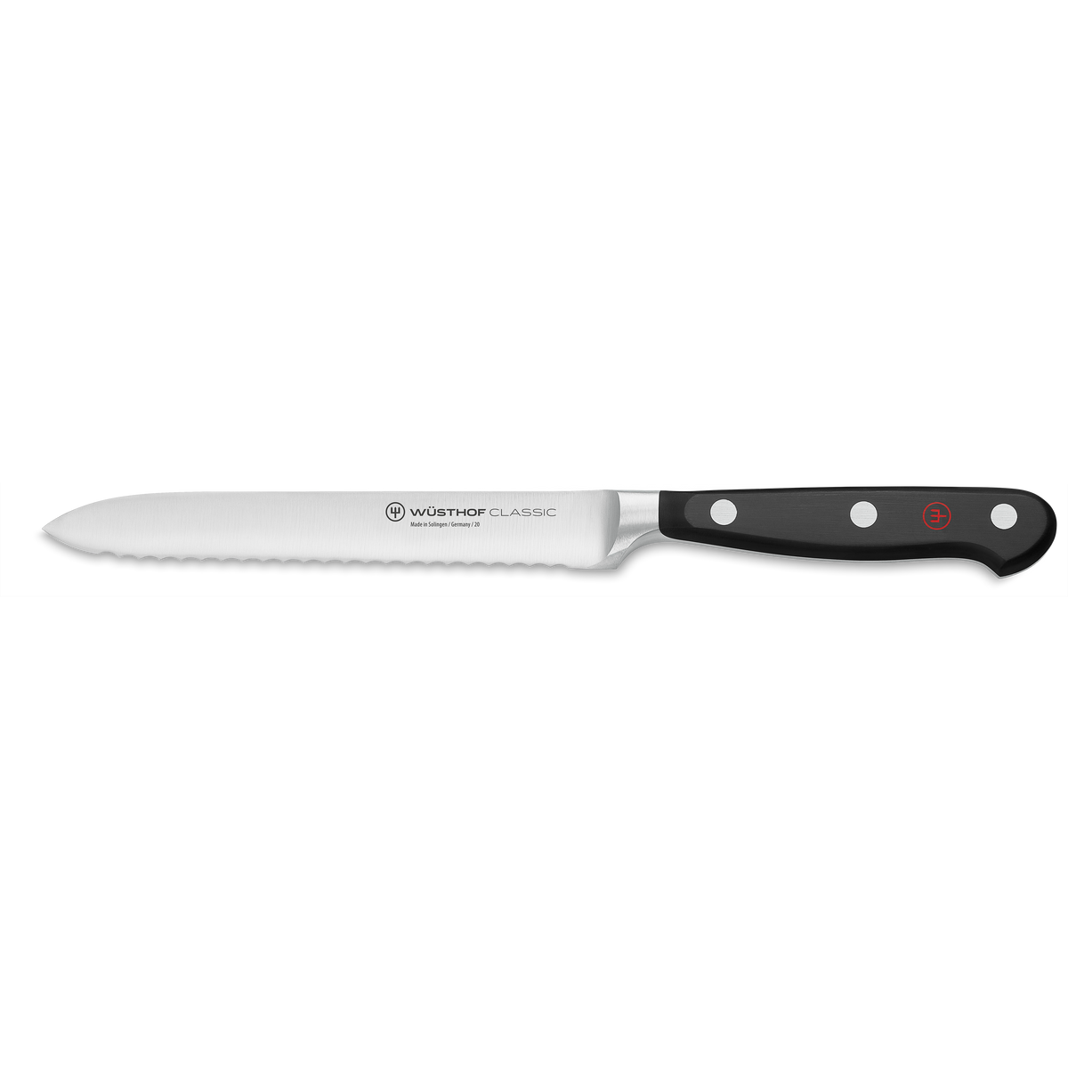 Classic 5" Serrated Utility Knife with a full tang forged stainless steel blade and a black ergonomic handle featuring three rivets and a red emblem.