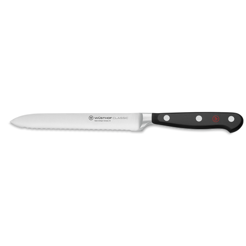 Classic 5" Serrated Utility Knife with a full tang forged stainless steel blade and a black ergonomic handle featuring three rivets and a red emblem.