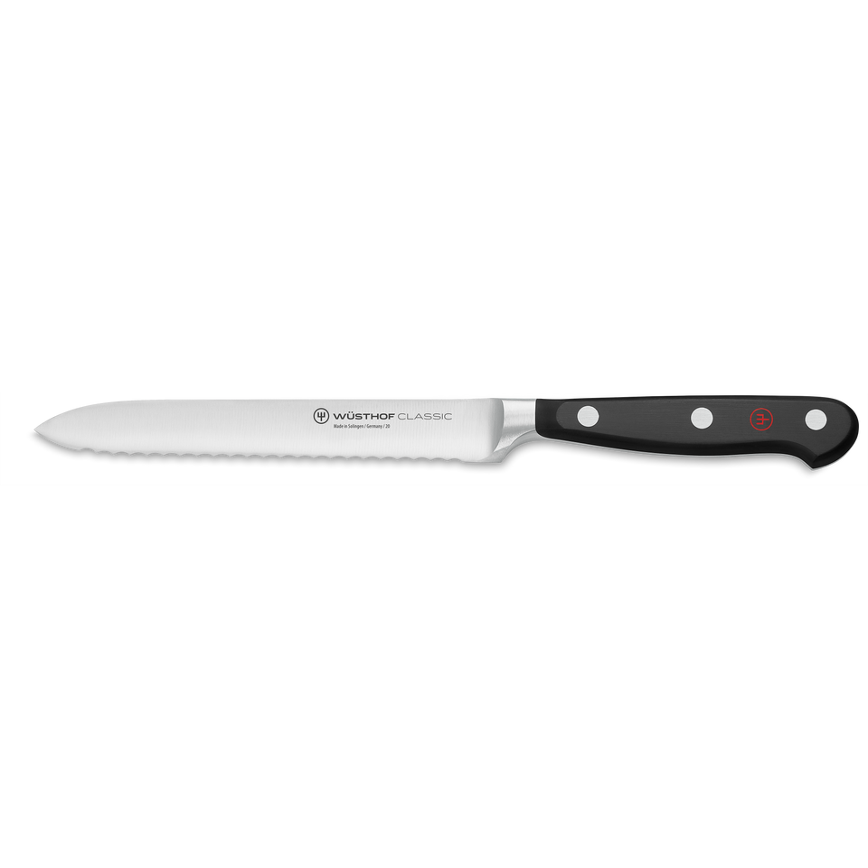 Classic 5" Serrated Utility Knife with a full tang forged stainless steel blade and a black ergonomic handle featuring three rivets and a red emblem.