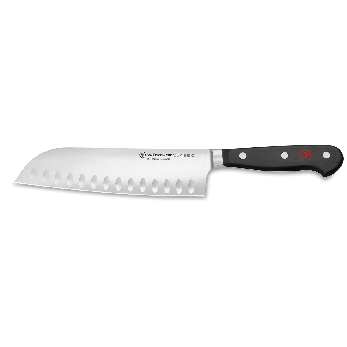 Classic 7" Hollow Edge Santoku with a forged German stainless steel blade featuring oval hollows and a triple-riveted black handle for expert kitchen use.