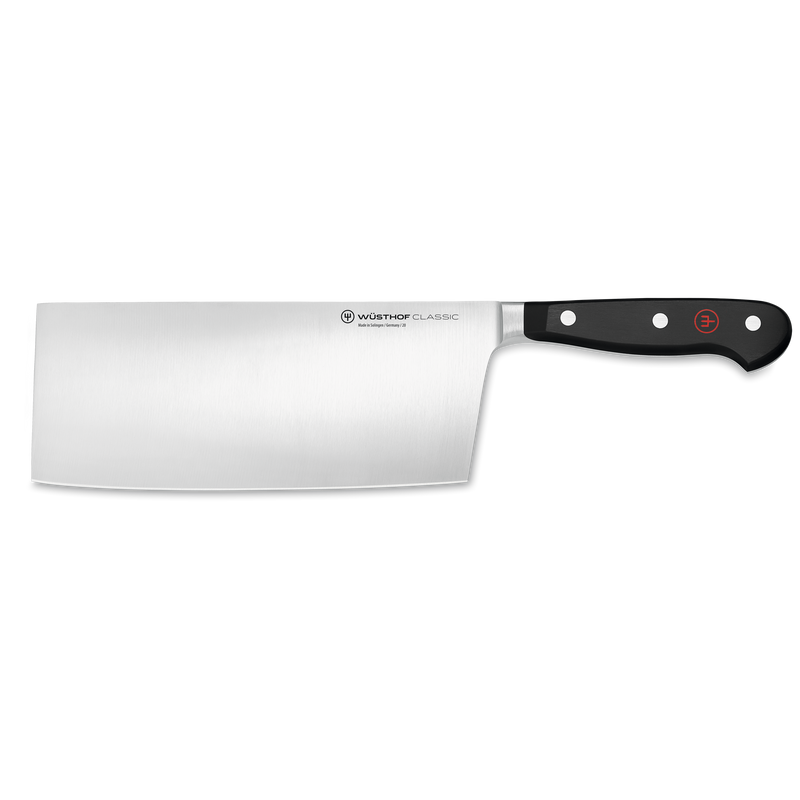 Classic 2-Piece Asian Knife Set featuring a forged German cleaver with a high-carbon stainless steel blade and a black ergonomic handle with three rivets.