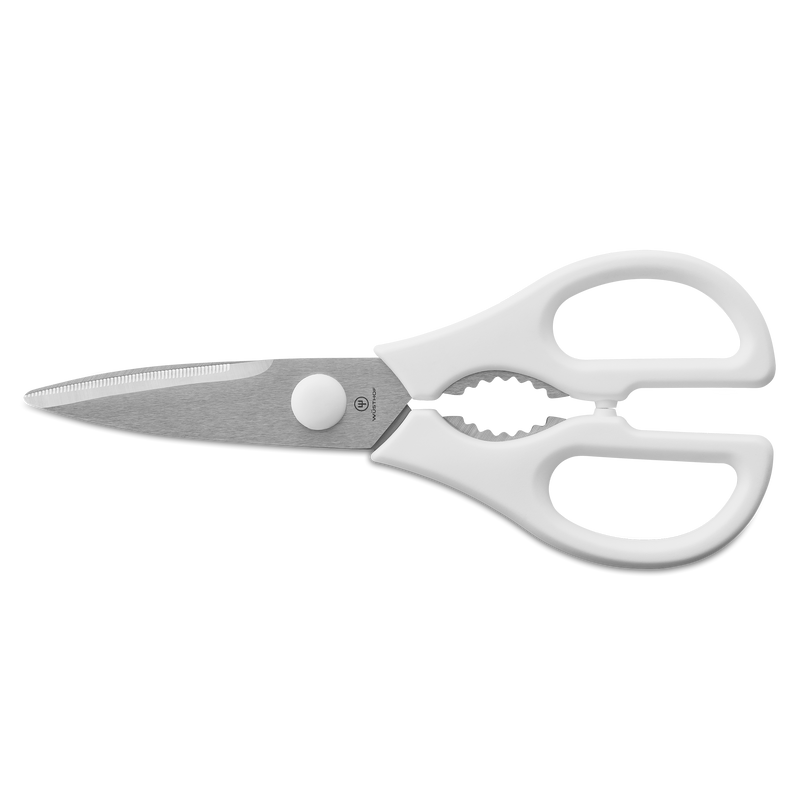 Classic 7-Piece Knife Block Set with Bread Knife featuring multifunctional white-handled kitchen shears with serrated stainless steel blades for cutting and cracking nuts.