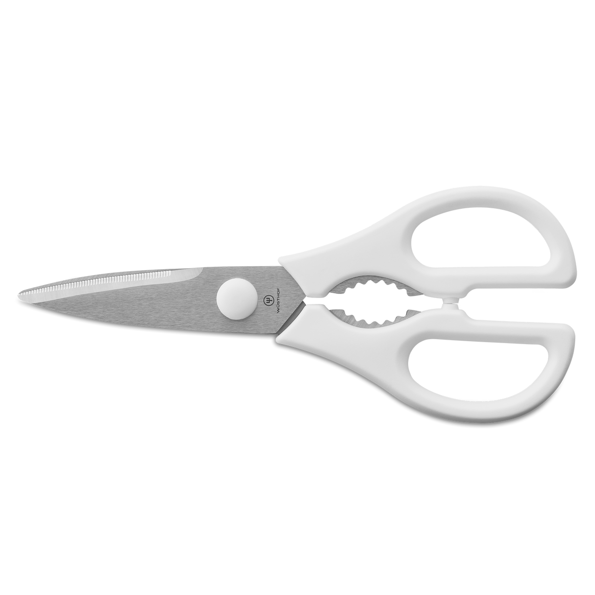 Classic 7-Piece Knife Block Set with Santoku featuring white-handled kitchen shears with serrated stainless steel blades and ergonomic grips.
